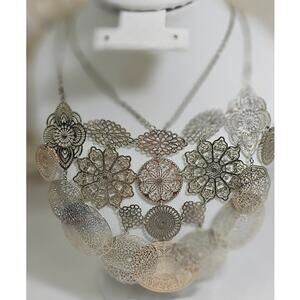 Express Tri-Color Silver, Gold & Rose Gold tone Filigree Bib Statement Necklace